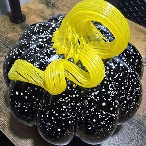 Hand Blown Style Glass Pumpkin Black Speckled Yellow Stem Art Glass Gothic Decor